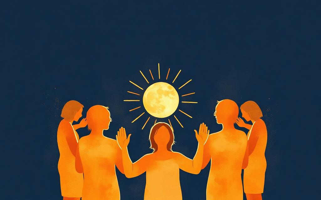 Cinco silhuetas em círculo com mãos abertas e luz ao centro